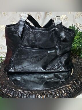 Black Genuine Leather Patchwork Tote Bag - Women’s Everyday Carryall